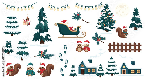 Christmas elements collection with santa, trees, owls, squirrels