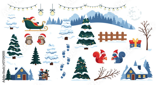 Christmas winter scene with santa, snow, trees, and animals