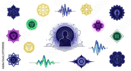 Collection of chakra symbols and sound wave visualizations