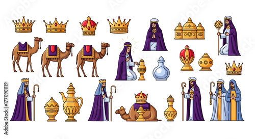 Nativity scene figures including camels, kings, and crowns