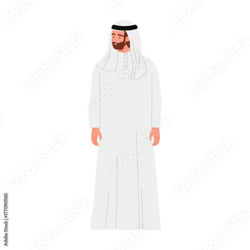 Smiling Emirati man wearing traditional kandura and headscarf on isolated white background vector illustration