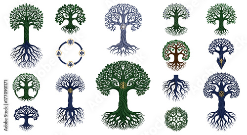 Collection of stylized trees with roots