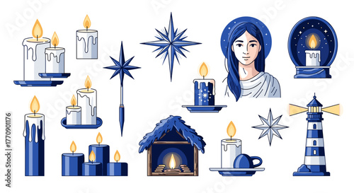 Christmas nativity scene elements with candles and lighthouse