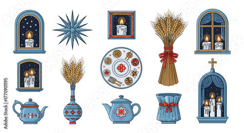 Collection of traditional ukrainian folk art elements with candles and wheat