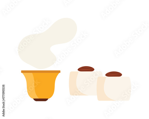 Emirati coffee cup with steam and dates on white background, isolated vector illustration