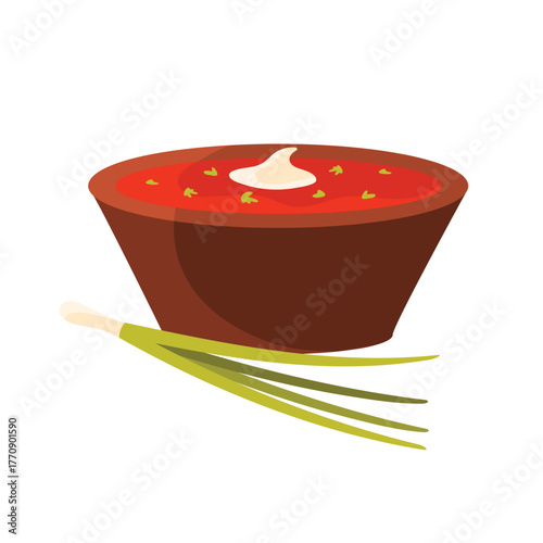 Ukrainian borscht soup with sour cream and green onion isolated on white background vector illustration
