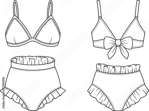 Lingerie and Sleepwear Technical Flat Sketch Vector Set, Featuring Two Styles of Bralettes and High-Waisted Panties with Ruffles and Center Front Bow Detail, CAD Drawing Flat Vector Illustration
