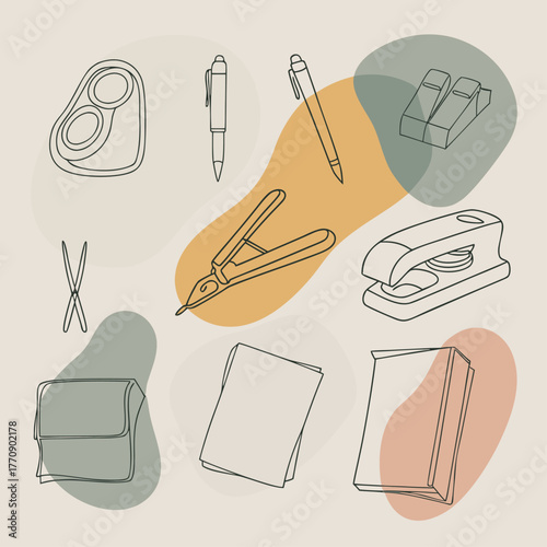 Minimalist Office Supplies Line Art with Abstract Shapes