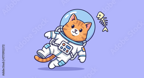 Cute AstroCat Astronaut Character Floating in Outer Space Holding a Fish Bone – Flat 2D Vector Illustration