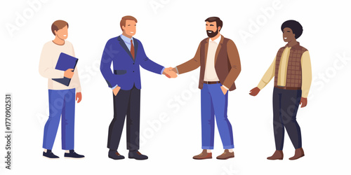 Diverse group of four men in business casual attire shaking hands and standing together