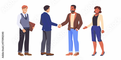 Diverse group of business professionals shaking hands and greeting each other in a modern office setting