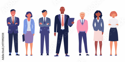 Diverse group of business professionals standing together in a line on white background