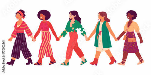 Diverse group of women holding hands and walking together in solidarity and unity