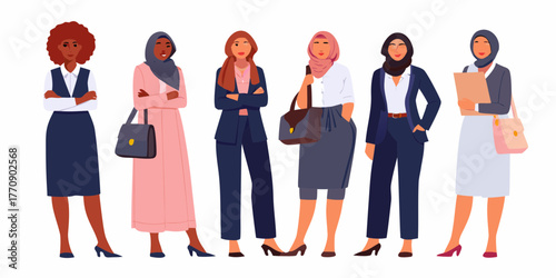 Diverse group of professional women standing together in business attire and hijabs