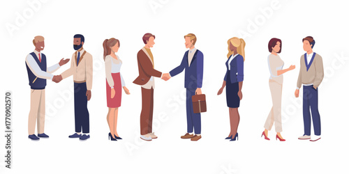 Diverse group of business professionals shaking hands and interacting in a modern office setting