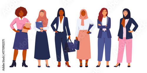 Diverse group of professional women in business attire standing together with confidence