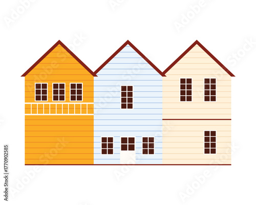 Three traditional Portugal style houses with colorful facades isolated on white background vector illustration