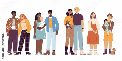 Diverse group of people and families standing together with children and a puppy