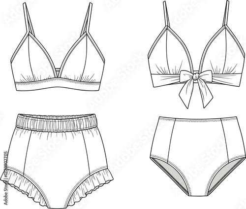 Lingerie and Sleepwear Technical Flat Sketch Vector Set, Featuring Bralettes and High-Waisted Panties with Ruffles and Bows, CAD Drawing Flat Vector Illustration