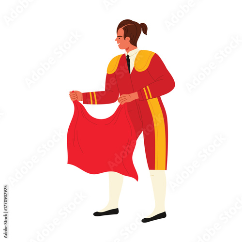 Traditional Spanish matador in red costume holding cape on white background isolated vector illustration