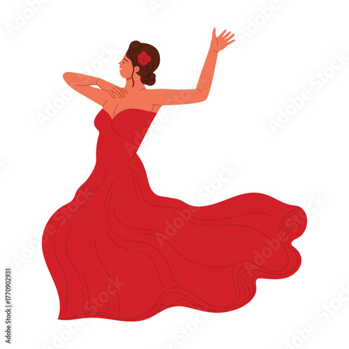 Isolated elegant woman performing traditional Spanish flamenco dance in vibrant red dress vector illustration