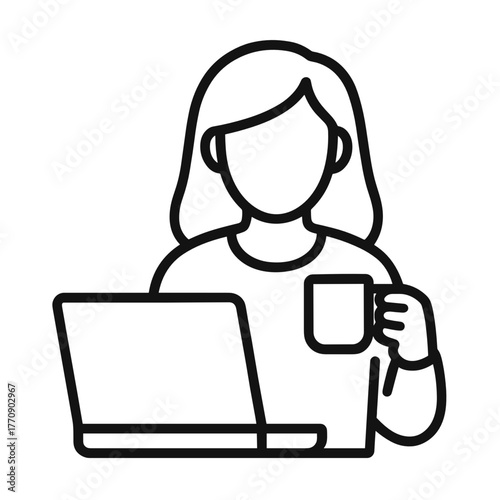 Minimal line icon of woman working on laptop and holding coffee mug, symbolizing remote work, productivity, and modern lifestyle