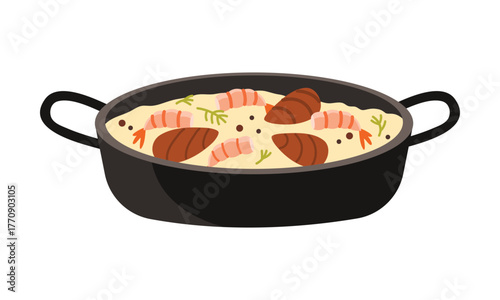 Classic Spanish seafood paella with shrimp and mussels in a black pan isolated vector illustration