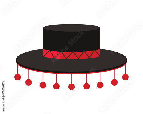 Isolated black Spanish Cordobes hat with red pom poms and geometric band vector illustration