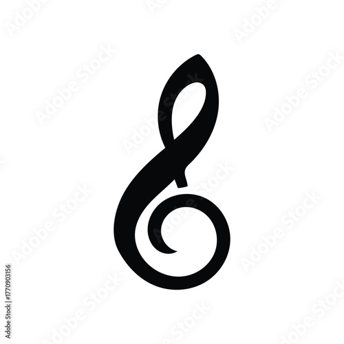 Elegant black silhouette of a stylized treble clef musical note with a swirling ornamental design