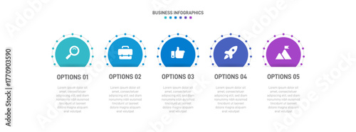 Progress bar featuring 5 arrow-shaped elements, symbolizing the five stages of business strategy and progression. Clean timeline infographic design template. Vector for mobile presentation.