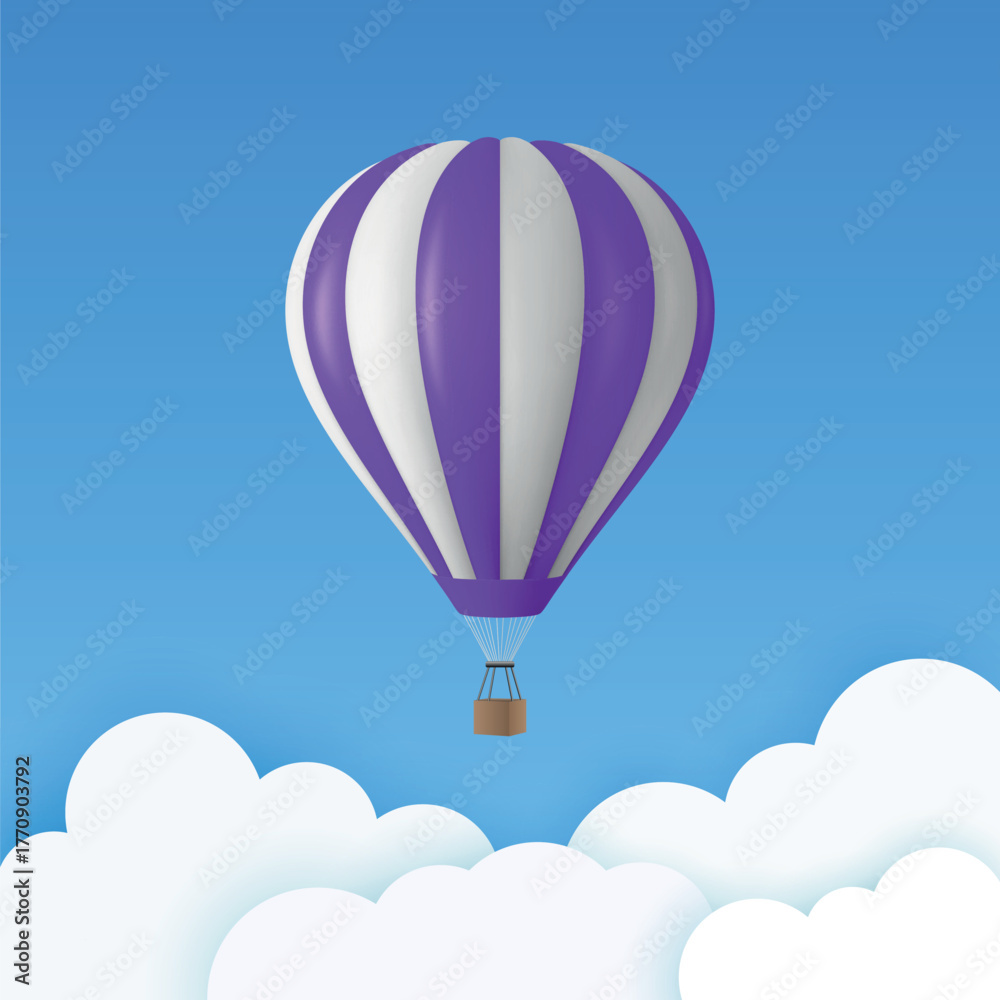 Obraz premium Vector Travel Banner with 3d Realistic Purple and White Hot Air Balloon Icon on a Blue Sky Background. Design Template, Summer Vacation, Travelling, Tourism and Journey Concept