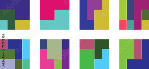 Eight colorful square compositions, each featuring a unique arrangement of geometric shapes and vibrant color palettes