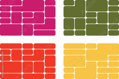 Four colorful rectangular compositions, each featuring a unique arrangement of geometric shapes and vibrant color palettes