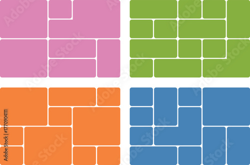 Four colorful mood board templates modern collage layout with rectangles and squares in pink, green, orange, and blue colors