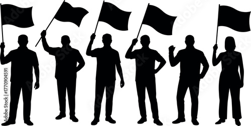 Crowd of people protesting with black flags silhouettes vector illustration