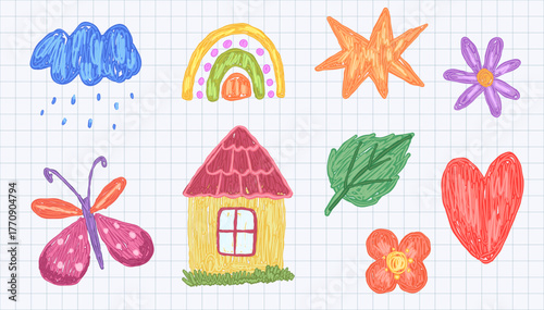 Childlike paint with house, butterfly and rainbow drawn with crayon and felt tip pen on checkered sheet