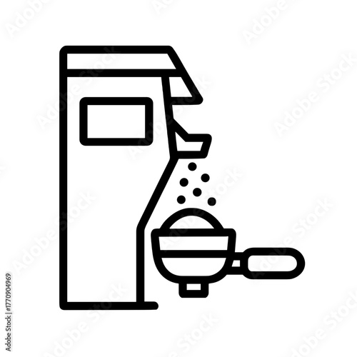 Minimal line icon of coffee grinder dispensing ground coffee into portafilter, symbolizing espresso preparation and barista equipment