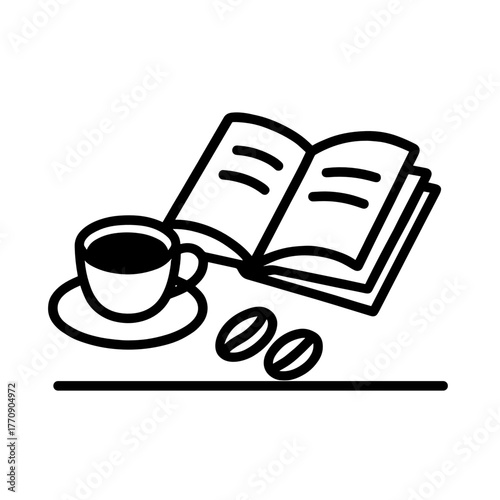 Minimal line icon of open book with coffee cup and beans, symbolizing cozy reading, relaxation, and coffee break atmosphere