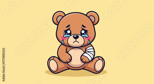 Cute Crying Teddy Bear Character Sitting with Arm Bandaged – Flat 2D Vector Illustration
