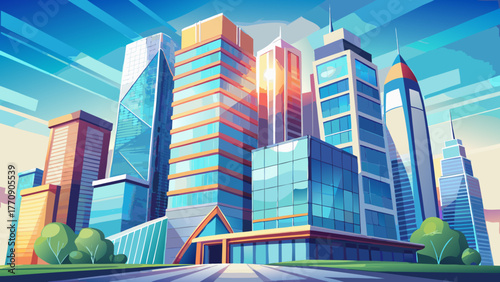Very beautiful view of high-rise office buildings with modern glass facades reflecting sunlight, urban skyline composition, contemporary architecture, and a clear blue sky creating a professional and 