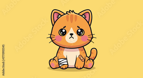 Cute Injured Orange Cat Character Sitting with Bandages on Leg and Tail – Flat 2D Vector Kawaii Illustration