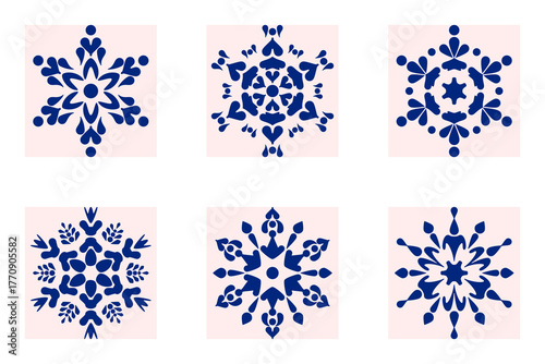A collection of 6 blue folk-style snowflake patterns on a pastel pink background, perfect for winter decorations, holiday cards, seamless patterns, prints, wallpapers, or Scandinavian crafts.