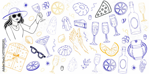 Celebration doodle elements with a woman holding a champagne glass and party icons