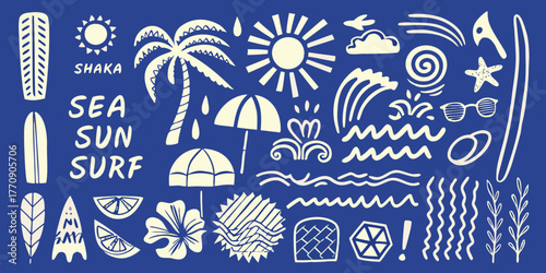 Collection of hand drawn summer vacation icons and symbols including surfboards sun palm trees waves and tropical flowers