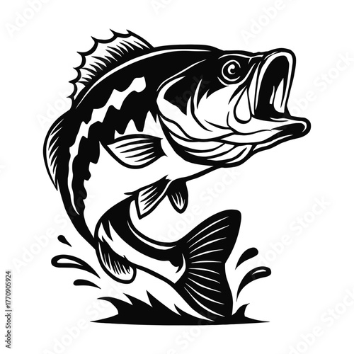 Dynamic black and white bass fish leaping out of water silhouette graphic vector