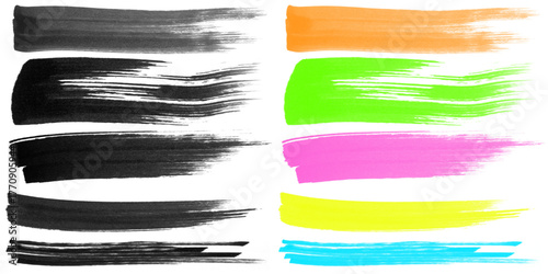 Set of colorful and black marker brush strokes. Realistic marker lines in bright neon and dark tones, isolated on white background, perfect for design or highlights, transparent PNG, vector