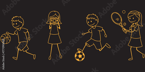 Sports stick figures outline on black basketball soccer tennis photography vector children happy health athletes fun
