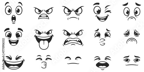 Cartoon Face Expressions Vector Set of Happy Angry Sad and Surprised Moods Funny Emoticons Emotions Comic Characters