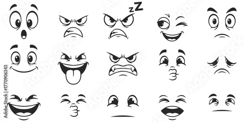 Cartoon Faces Vector Set Various Emotions Including Happiness Anger Sadness Surprise Love Kiss Sleep Winking Expressions