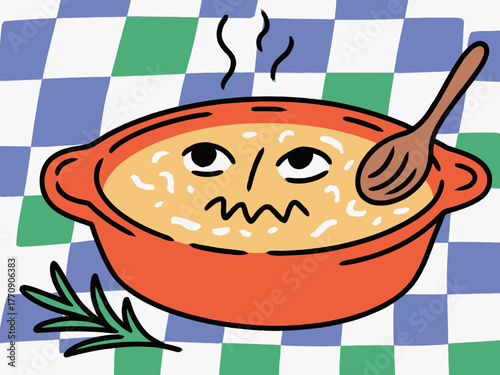 Cartoon Casserole Dish with Face and Spoon